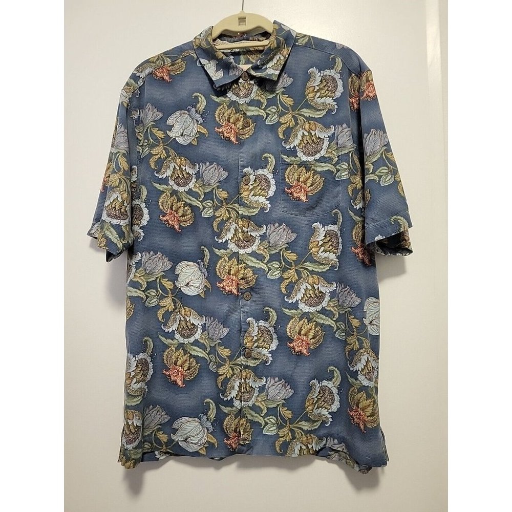 Tommy Bahama‎ Silk Short Sleeve Shirt Tropical Blue Green Orange Med
